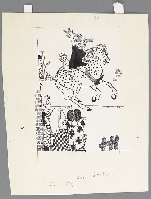 ［長くつ下のピッピの世界展］ 見どころ解説　その2 「長くつ下のピッピ」 挿絵原画　“馬にのったピッピとサルのニルソンさん”　Original drawing for Pippi Longstocking（Pippi riding）